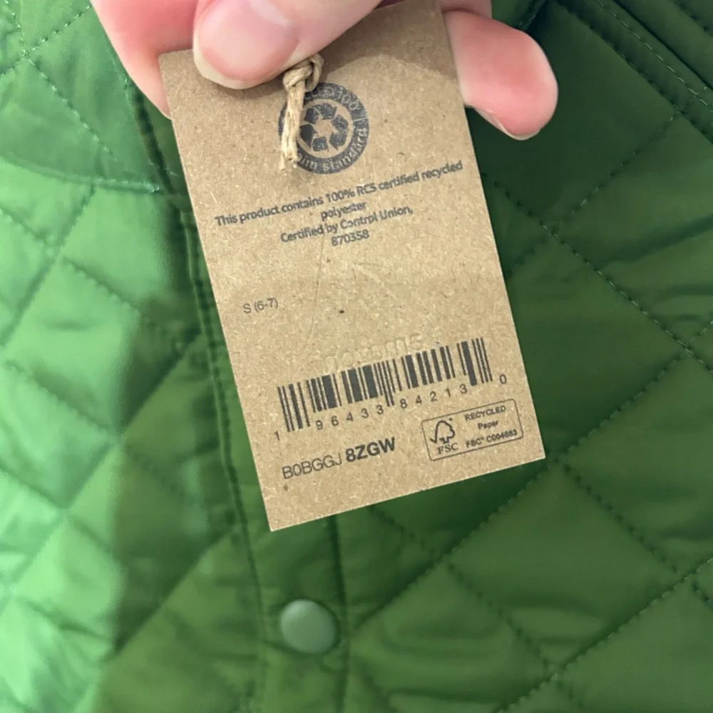 Amazon Green Lightweight‎ Puffer Kids Jacket Size Small (6/7) New With Tags